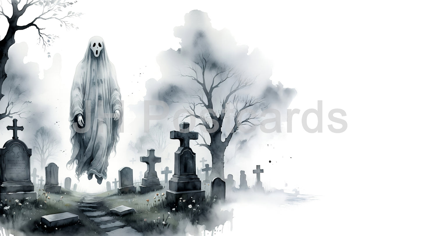 AI Image - A haunting watercolor painting depicting a spectral ghost emerging from a misty cemetery, surrounded by towering trees and ancient gravestones. Drawing. Art. Illustration. Copy Space. 1