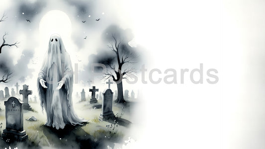 AI Image – A haunting watercolor painting depicting a spectral ghost emerging from a misty cemetery, surrounded by towering trees and ancient gravestones. Drawing. Art. Illustration. Copy Space. 2