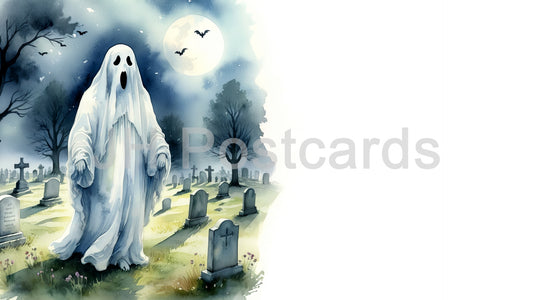 AI Image – A haunting watercolor painting depicting a spectral ghost emerging from a misty cemetery, surrounded by towering trees and ancient gravestones. Drawing. Art. Illustration. Copy Space. 3