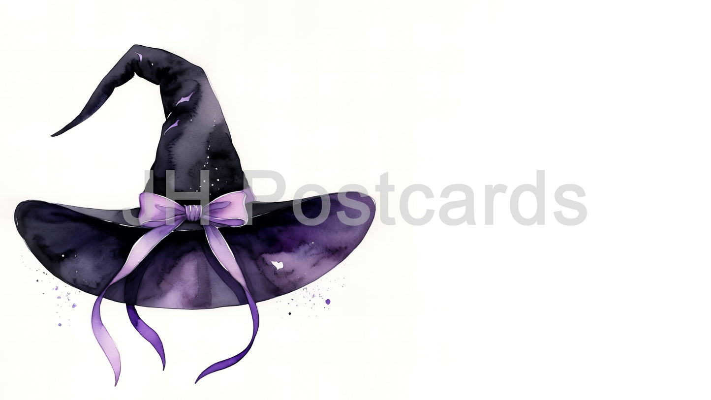 AI Image - Enchanting Witch Hat: A whimsical watercolor painting of a witch's hat adorned with a delicate purple ribbon. Halloween. Drawing. Art. Illustration. Copy Space. 2