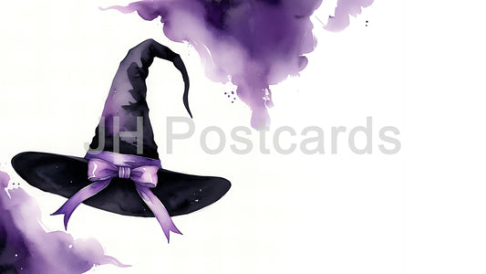 AI Image - Enchanting Witch Hat: A whimsical watercolor painting of a witch's hat adorned with a delicate purple ribbon. Halloween. Drawing. Art. Illustration. Copy Space. 1