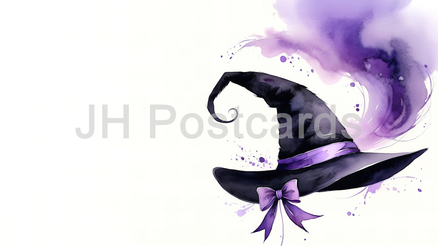 AI Image - Enchanting Witch Hat: A whimsical watercolor painting of a witch's hat adorned with a delicate purple ribbon. Halloween. Drawing. Art. Illustration. Copy Space. 3