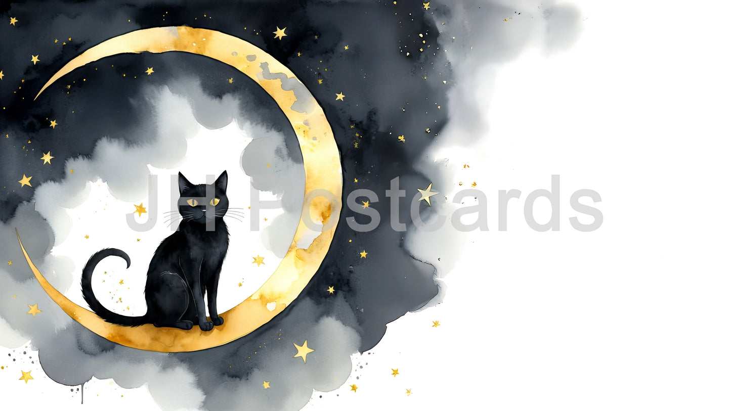 Image AI - Une aquarelle captivante représentant un chat noir perché sur un croissant de lune, entouré d'un ciel étoilé. Halloween. Dessin. Art. Illustration. Espace de copie. 3