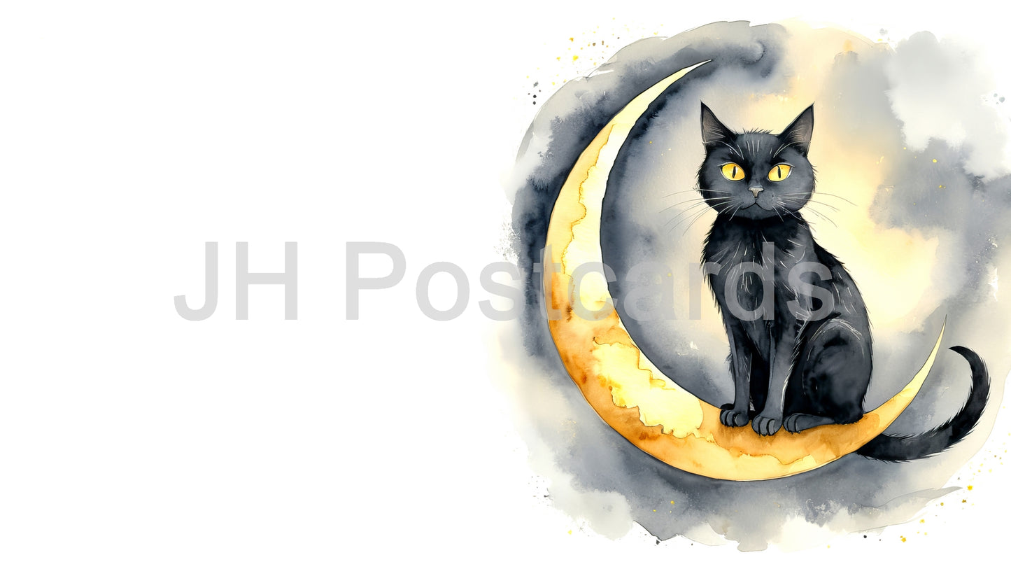 Image AI - Une aquarelle captivante représentant un chat noir perché sur un croissant de lune, entouré d'un ciel étoilé. Halloween. Dessin. Art. Illustration. Espace de copie. 2