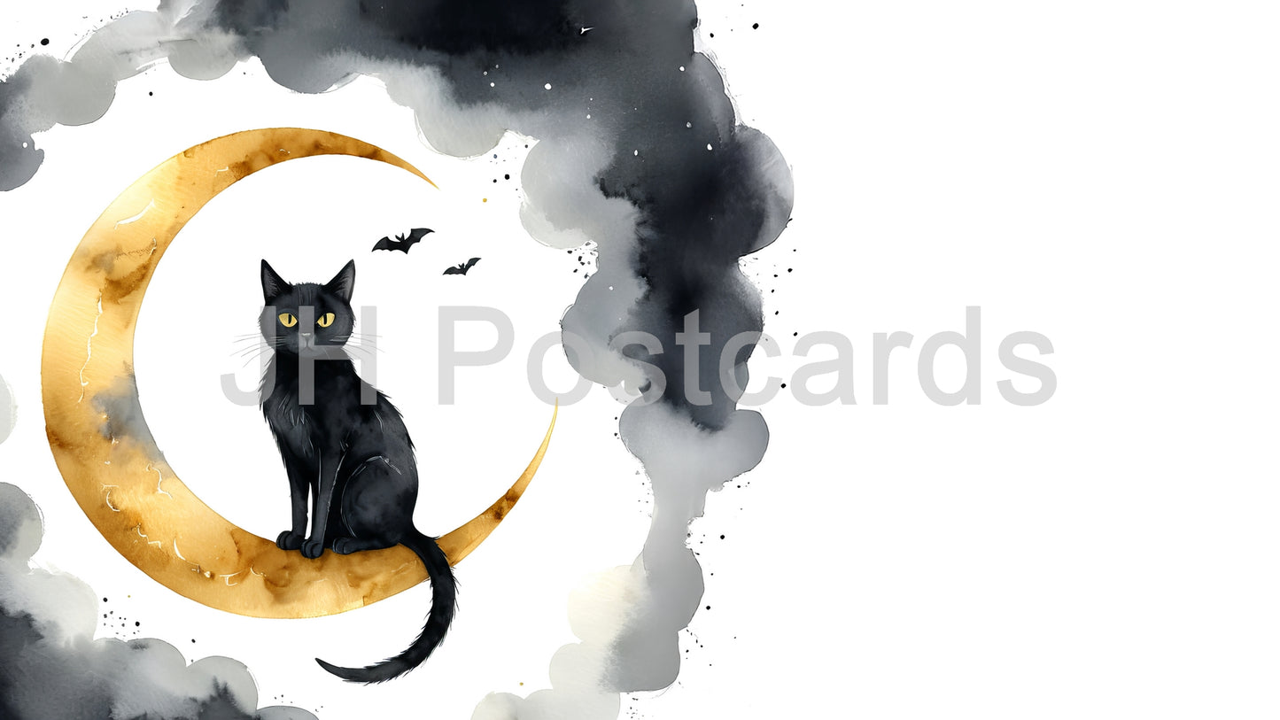 AI Image - A captivating watercolor painting of a black cat perched on a crescent moon, surrounded by a starry night sky. Halloween. Drawing. Art. Illustration. Copy Space. 1