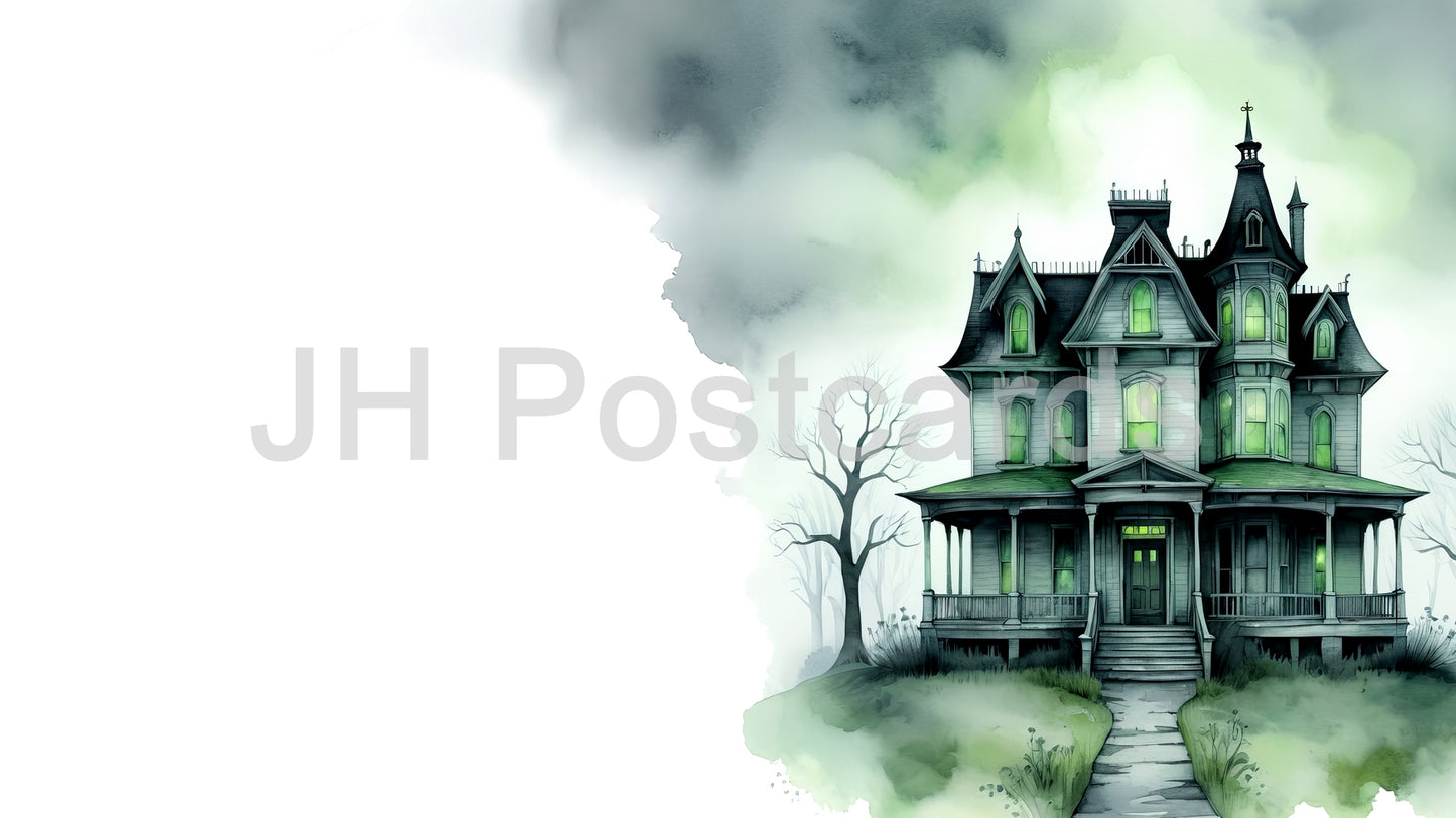 AI Image - Haunted Mansion Mystery: A spooky watercolor painting of a haunted house shrouded in mist, with eerie green lights illuminating the windows. Halloween. Drawing. Art. Illustration. Copy Space. 3