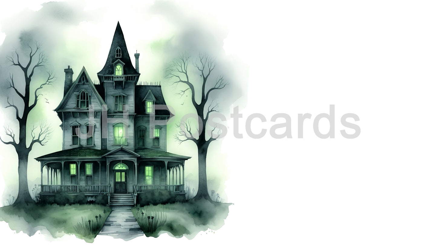 AI Image - Haunted Mansion Mystery: A spooky watercolor painting of a haunted house shrouded in mist, with eerie green lights illuminating the windows. Halloween. Drawing. Art. Illustration. Copy Space. 1