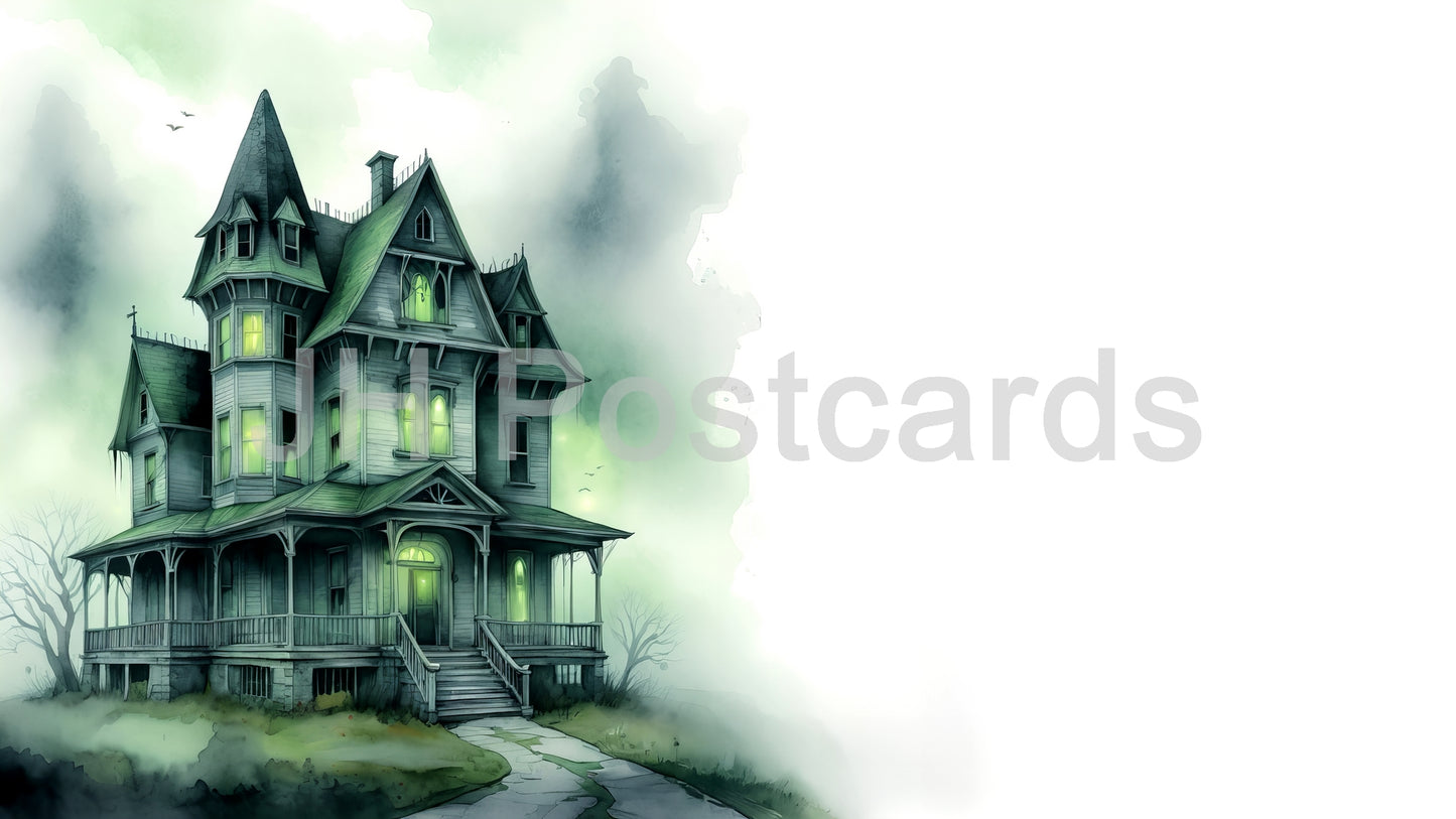 AI Image - Haunted Mansion Mystery: A spooky watercolor painting of a haunted house shrouded in mist, with eerie green lights illuminating the windows. Halloween. Drawing. Art. Illustration. Copy Space. 2