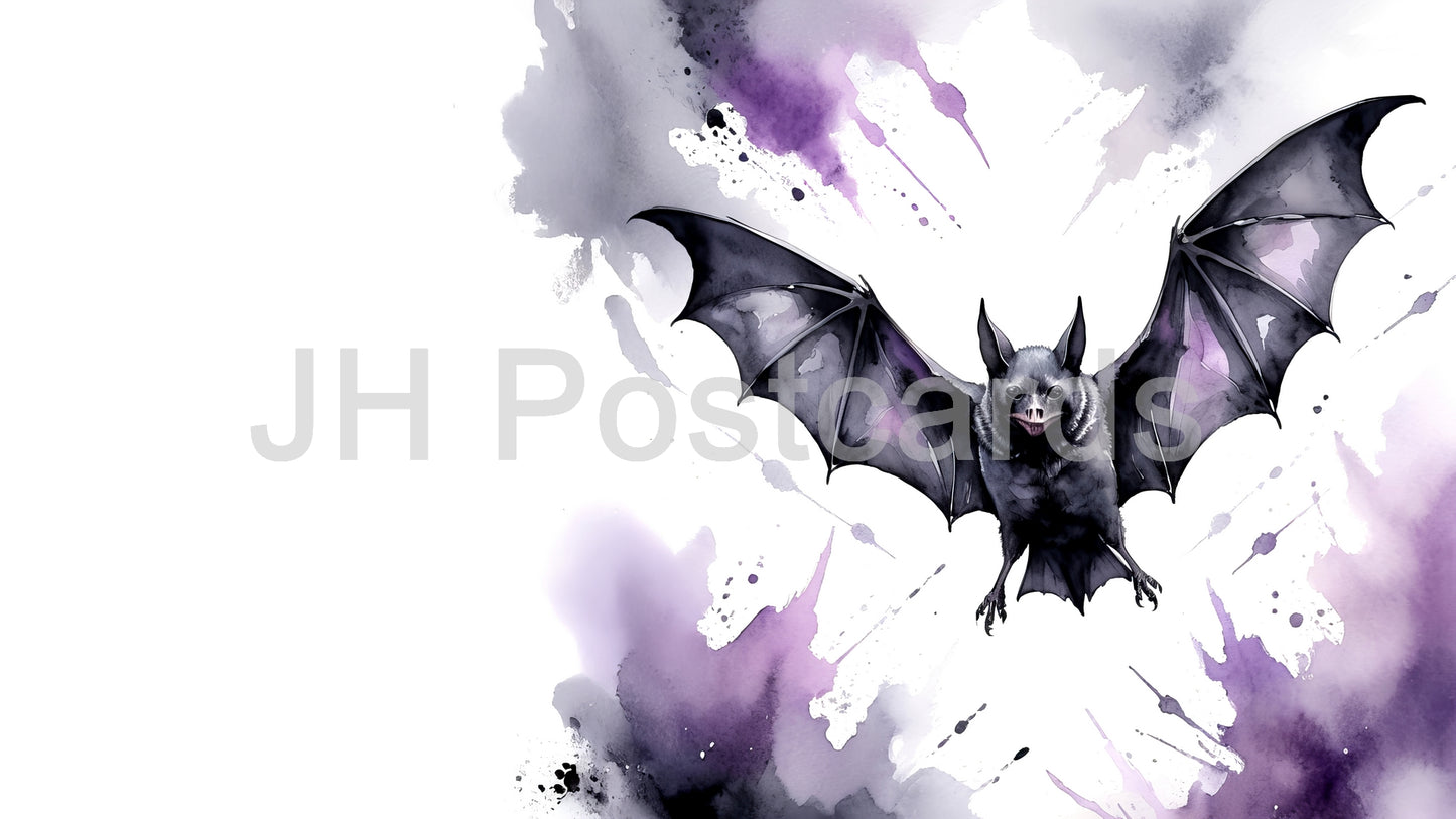 AI Image - Batty Halloween: A spooky watercolor painting of a vampire bat flying through the night. Halloween. Drawing. Art. Illustration. Copy Space. 2