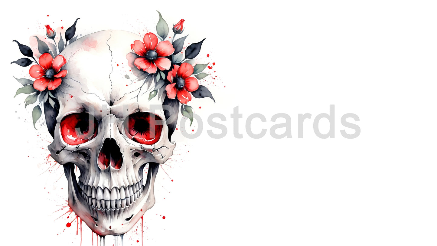 AI Image - Floral Skull: A striking watercolor painting of a human skull adorned with vibrant red roses. Halloween. Drawing. Art. Illustration. Copy Space. 2