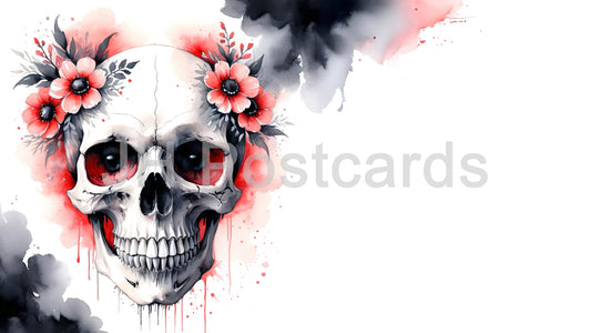 AI Image - Floral Skull: A striking watercolor painting of a human skull adorned with vibrant red roses. Halloween. Drawing. Art. Illustration. Copy Space. 1