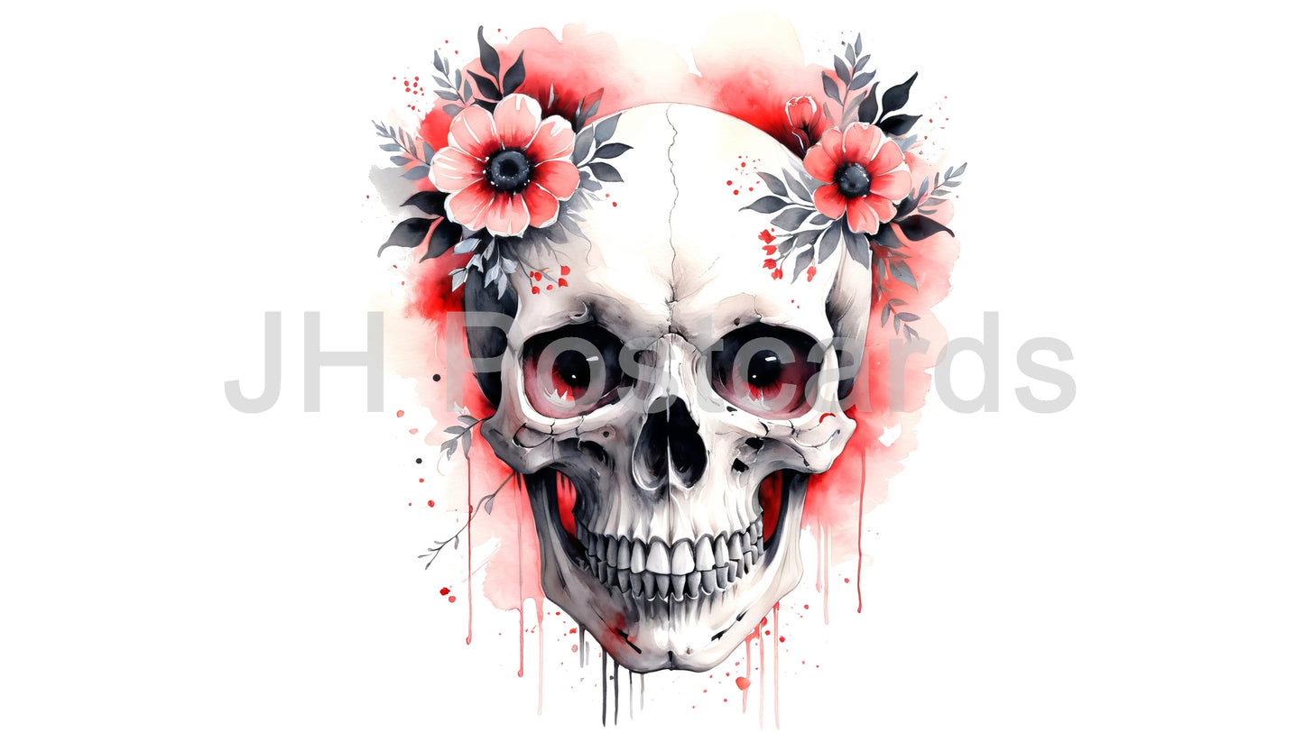 AI Image - Floral Skull: A striking watercolor painting of a human skull adorned with vibrant red roses. Halloween. Drawing. Art. Illustration. Copy Space. 3