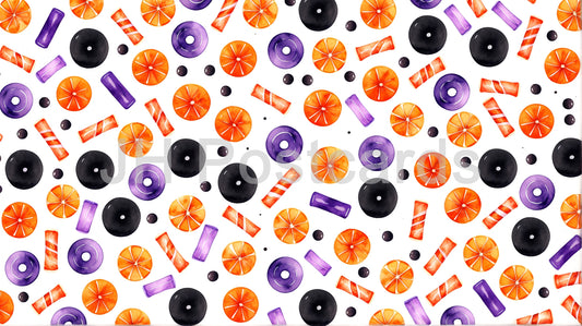 Image AI - Délice de bonbons d'Halloween : un motif aquarelle vibrant présentant un délicieux assortiment de bonbons d'Halloween, parfait pour les arrière-plans festifs et les motifs saisonniers.