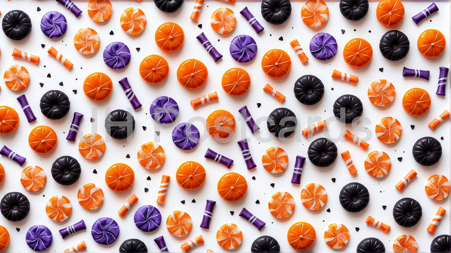 AI Image - Halloween Candy Delight: A vibrant pattern featuring a delightful assortment of Halloween candies, perfect for festive backgrounds and seasonal designs.