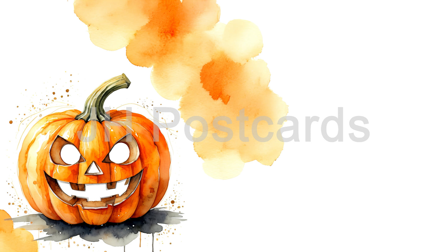 AI Image - A playful watercolor illustration of a grinning jack-o'-lantern. Drawing. Art. Illustration. Copy Space. 4