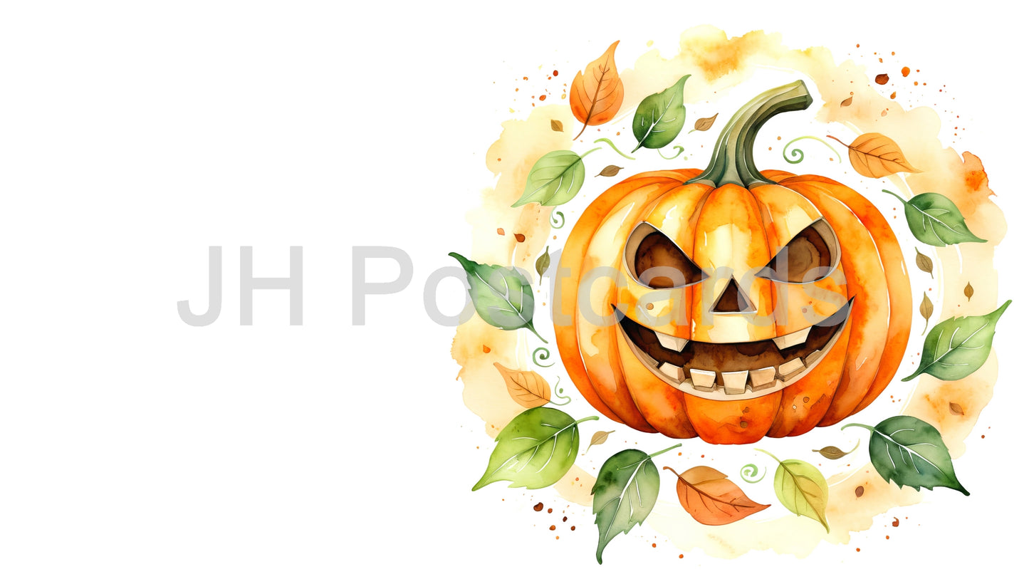 AI Image - A playful watercolor illustration of a grinning jack-o'-lantern. Drawing. Art. Illustration. Copy Space. 3