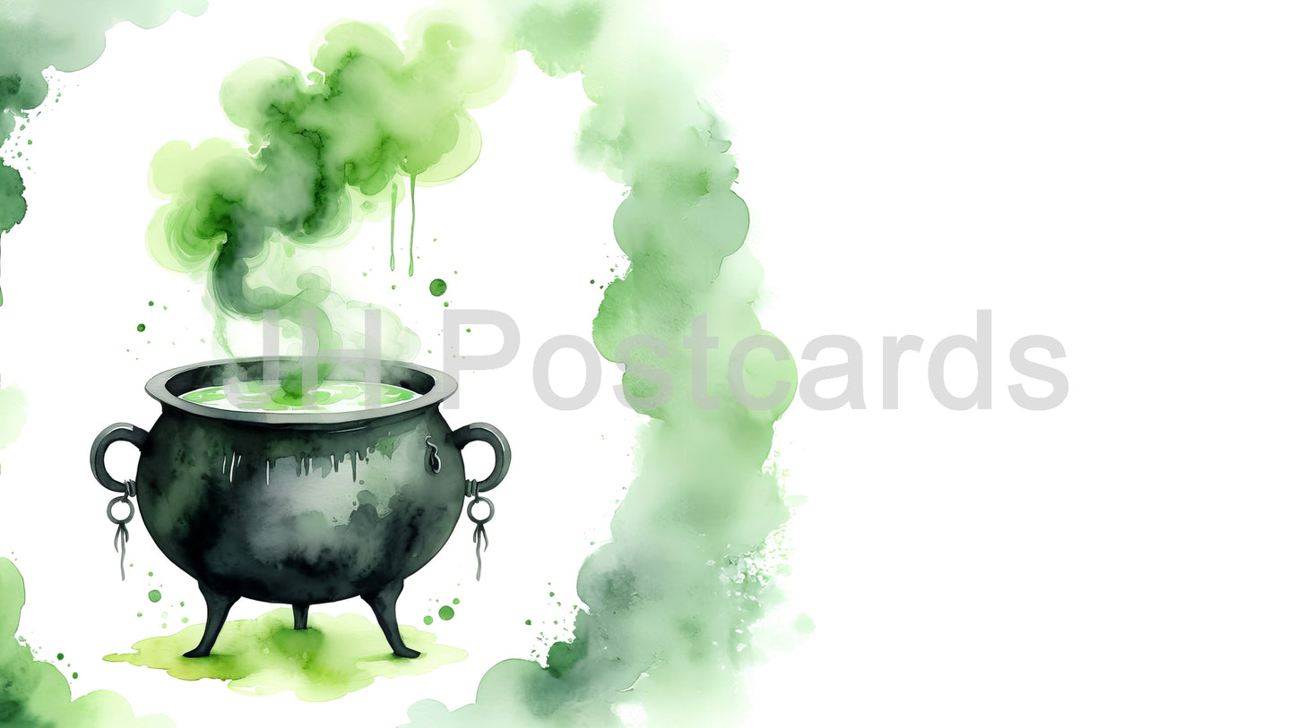 AI Image - Halloween Magic: A spooky watercolor painting of a bubbling cauldron. Drawing. Art. Illustration. Copy Space. 3