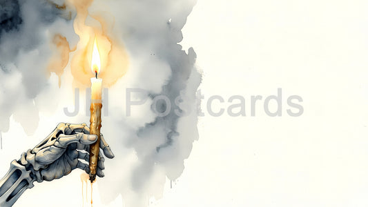 AI Image - Haunting Candlelight: A chilling watercolor painting of a skeletal hand holding a flickering candle. Halloween. Drawing. Art. Illustration. Copy Space. 2