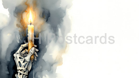 AI Image - Haunting Candlelight: A chilling watercolor painting of a skeletal hand holding a flickering candle. Halloween. Drawing. Art. Illustration. Copy Space. 1