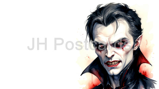 AI Image - Vampire's Gaze: A chilling portrait of a man with piercing eyes and sharp features, evoking the image of a classic vampire. Halloween. Drawing. Art. Illustration. Copy Space. 1