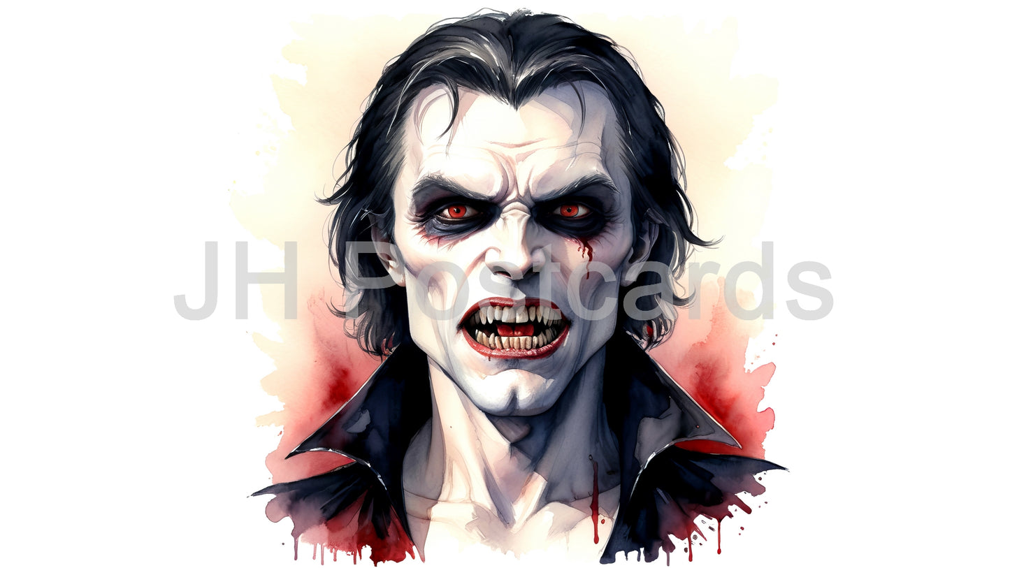 AI Image - Vampire's Gaze: A chilling portrait of a man with piercing eyes and sharp features, evoking the image of a classic vampire. Halloween. Drawing. Art. Illustration. Copy Space. 2