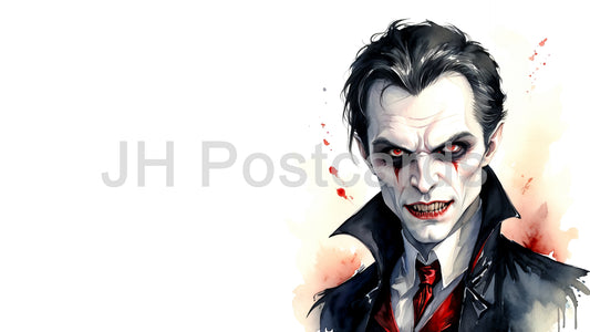 AI Image - Vampire's Gaze: A chilling portrait of a man with piercing eyes and sharp features, evoking the image of a classic vampire. Halloween. Drawing. Art. Illustration. Copy Space. 4