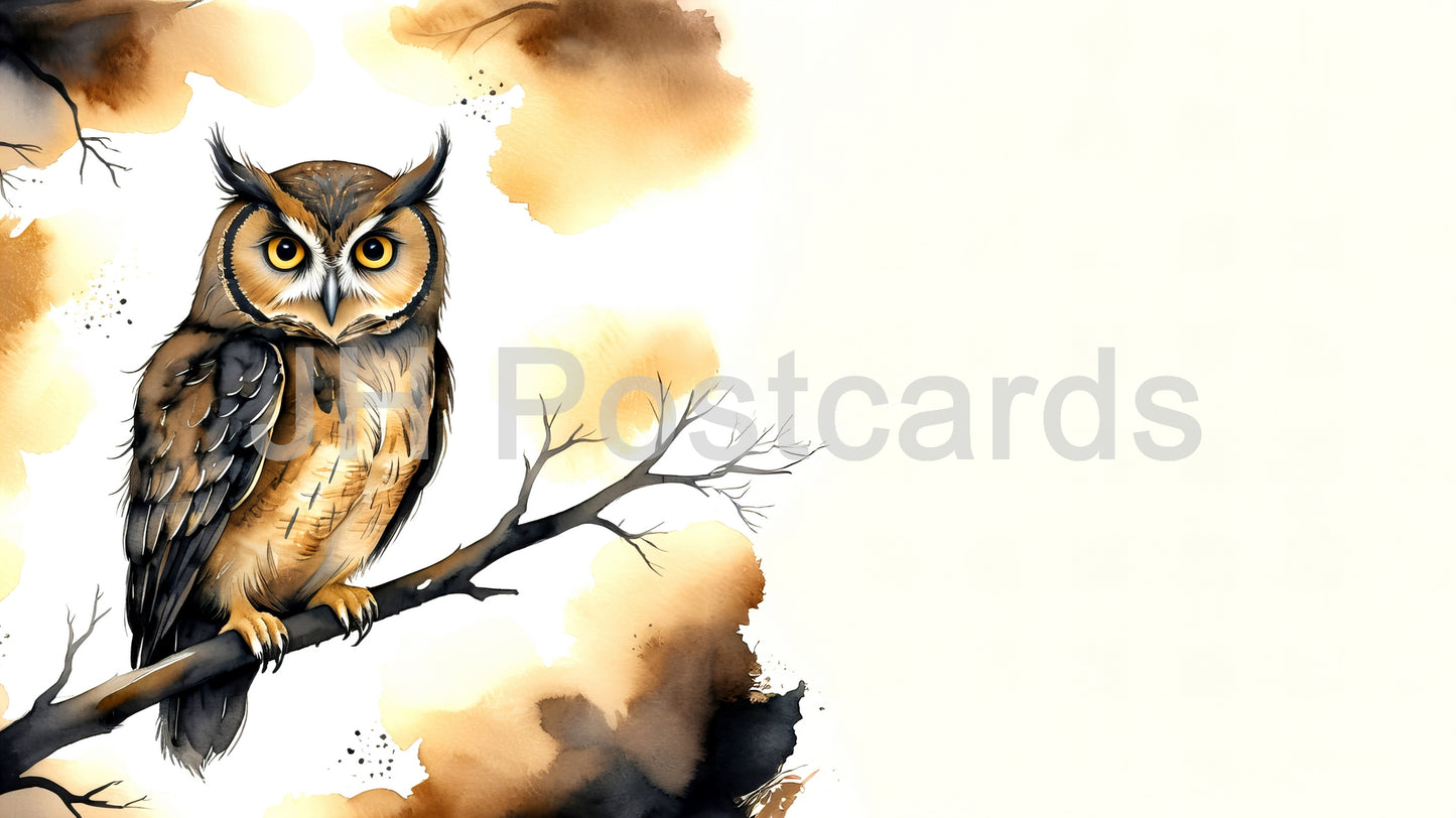 AI Image - A dramatic watercolor painting of an owl perched on a branch, bathed in the soft glow of moonlight. Halloween. Drawing. Art. Illustration. Copy Space. 3