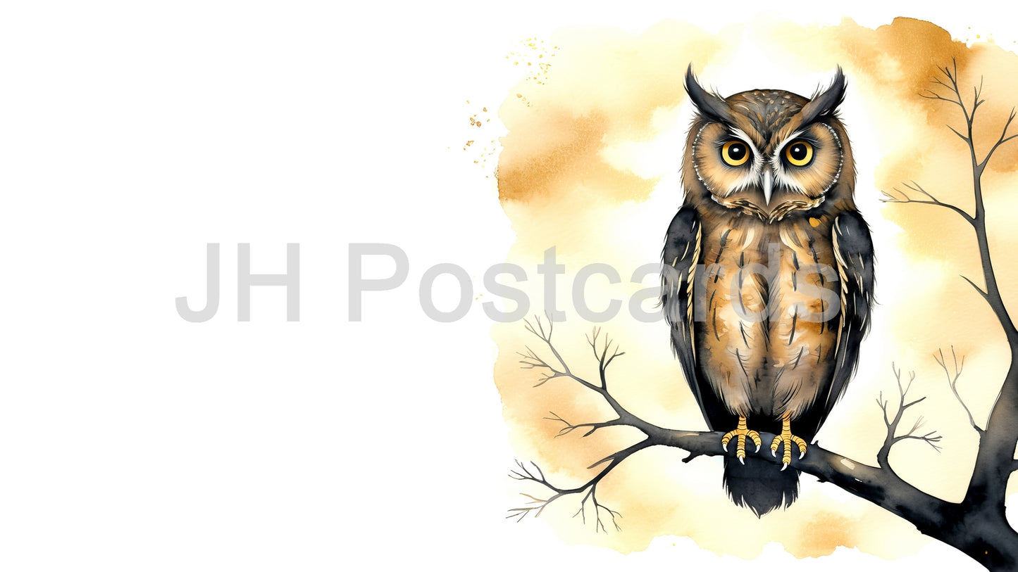 AI Image - A dramatic watercolor painting of an owl perched on a branch, bathed in the soft glow of moonlight. Halloween. Drawing. Art. Illustration. Copy Space. 1