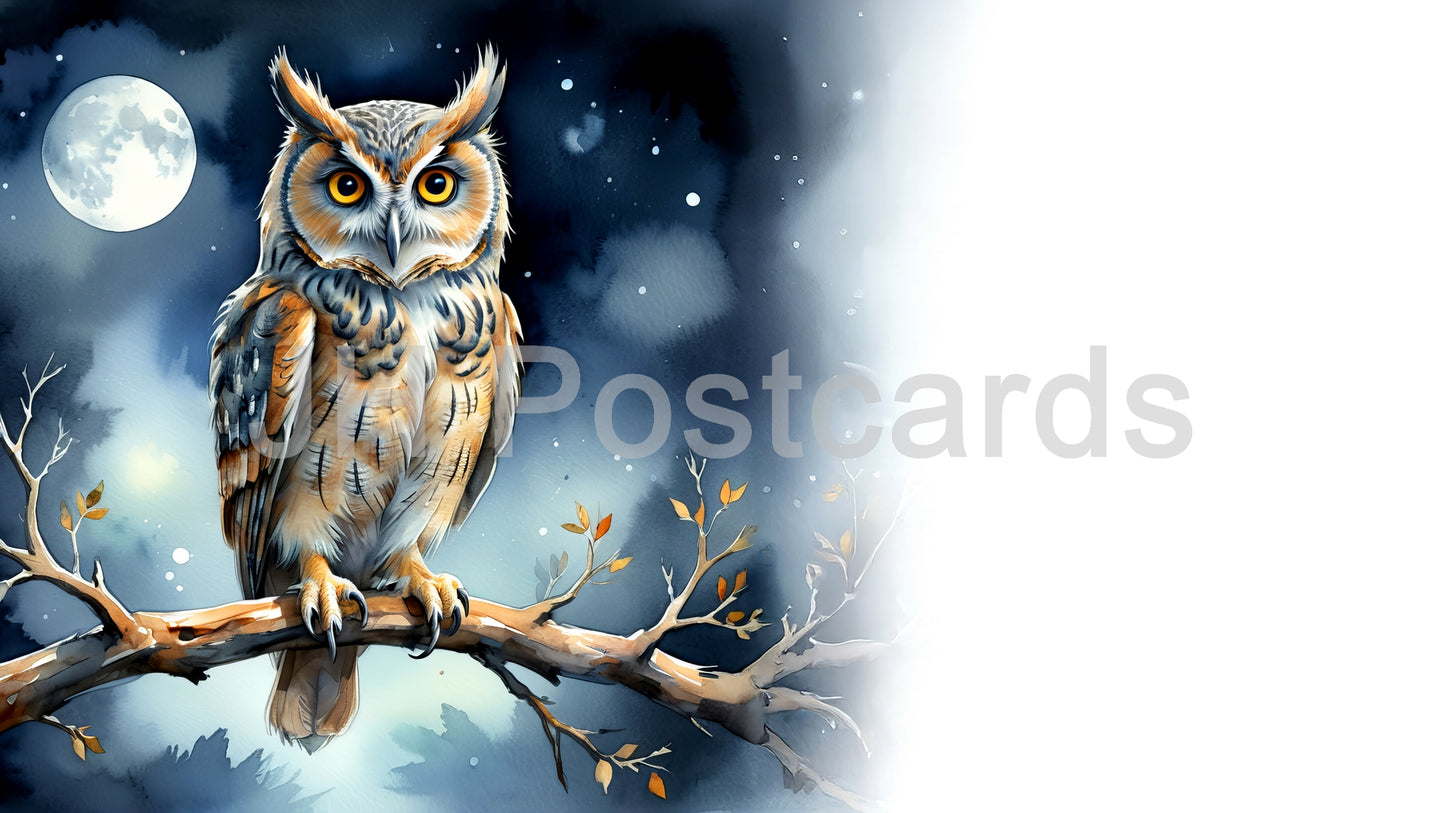 AI Image - A dramatic watercolor painting of an owl perched on a branch, bathed in the soft glow of moonlight. Halloween. Drawing. Art. Illustration. Copy Space. 2