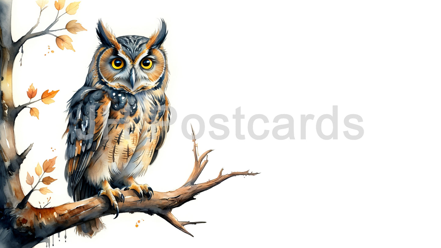 AI Image - A dramatic watercolor painting of an owl perched on a branch, bathed in the soft glow of moonlight. Halloween. Drawing. Art. Illustration. Copy Space. 4