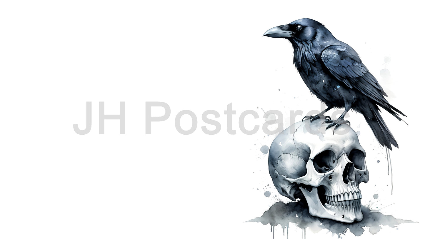 AI Image - Raven and Skull: A striking watercolor painting of a raven perched atop a human skull. Halloween. Drawing. Art. Illustration. Copy Space. 2