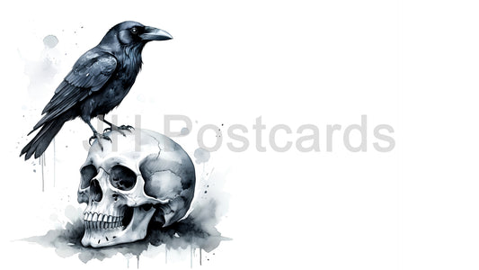 AI Image - Raven and Skull: A striking watercolor painting of a raven perched atop a human skull. Halloween. Drawing. Art. Illustration. Copy Space. 3