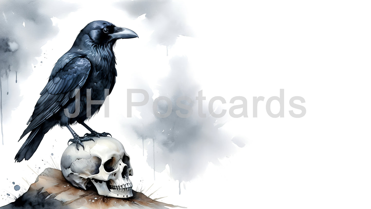 Image AI - Corbeau et crâne : une aquarelle saisissante d'un corbeau perché au sommet d'un crâne humain. Halloween. Dessin. Art. Illustration. Espace de copie. 1