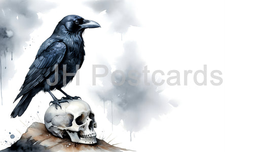 AI Image - Raven and Skull: A striking watercolor painting of a raven perched atop a human skull. Halloween. Drawing. Art. Illustration. Copy Space. 1