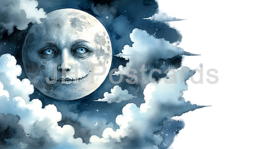 AI Image - Moonlit Dreamscape: A serene watercolor painting of a full moon shining through fluffy clouds. Halloween. Drawing. Art. Illustration. Copy Space. 1