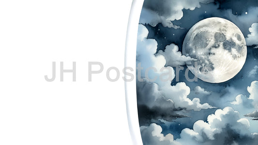 AI Image - Moonlit Dreamscape: A serene watercolor painting of a full moon shining through fluffy clouds. Halloween. Drawing. Art. Illustration. Copy Space. 2