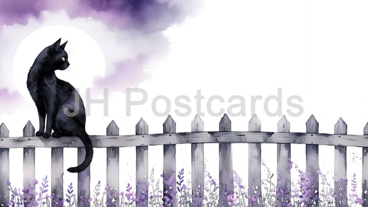 AI Image - A serene watercolor painting of a black cat perched on a fence. Purple clouds. Halloween. Drawing. Art. Illustration. Copy Space. 2