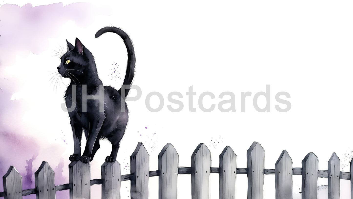 AI Image - A serene watercolor painting of a black cat perched on a fence. Purple clouds. Halloween. Drawing. Art. Illustration. Copy Space. 1