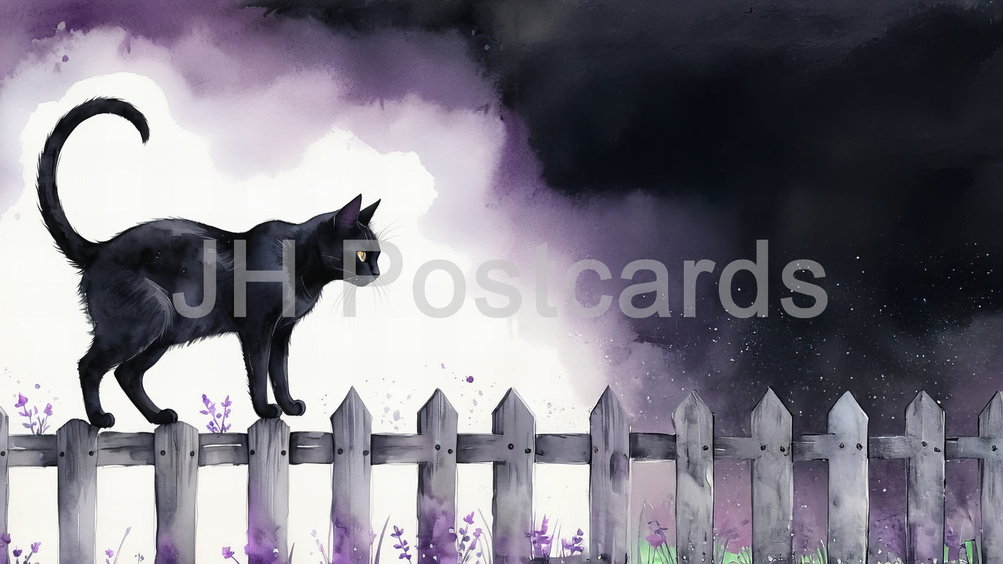 Image AI - Une aquarelle sereine d'un chat noir perché sur une clôture. Nuages ​​violets. Halloween. Dessin. Art. Illustration. Espace de copie. 3