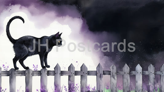 AI Image - A serene watercolor painting of a black cat perched on a fence. Purple clouds. Halloween. Drawing. Art. Illustration. Copy Space. 3