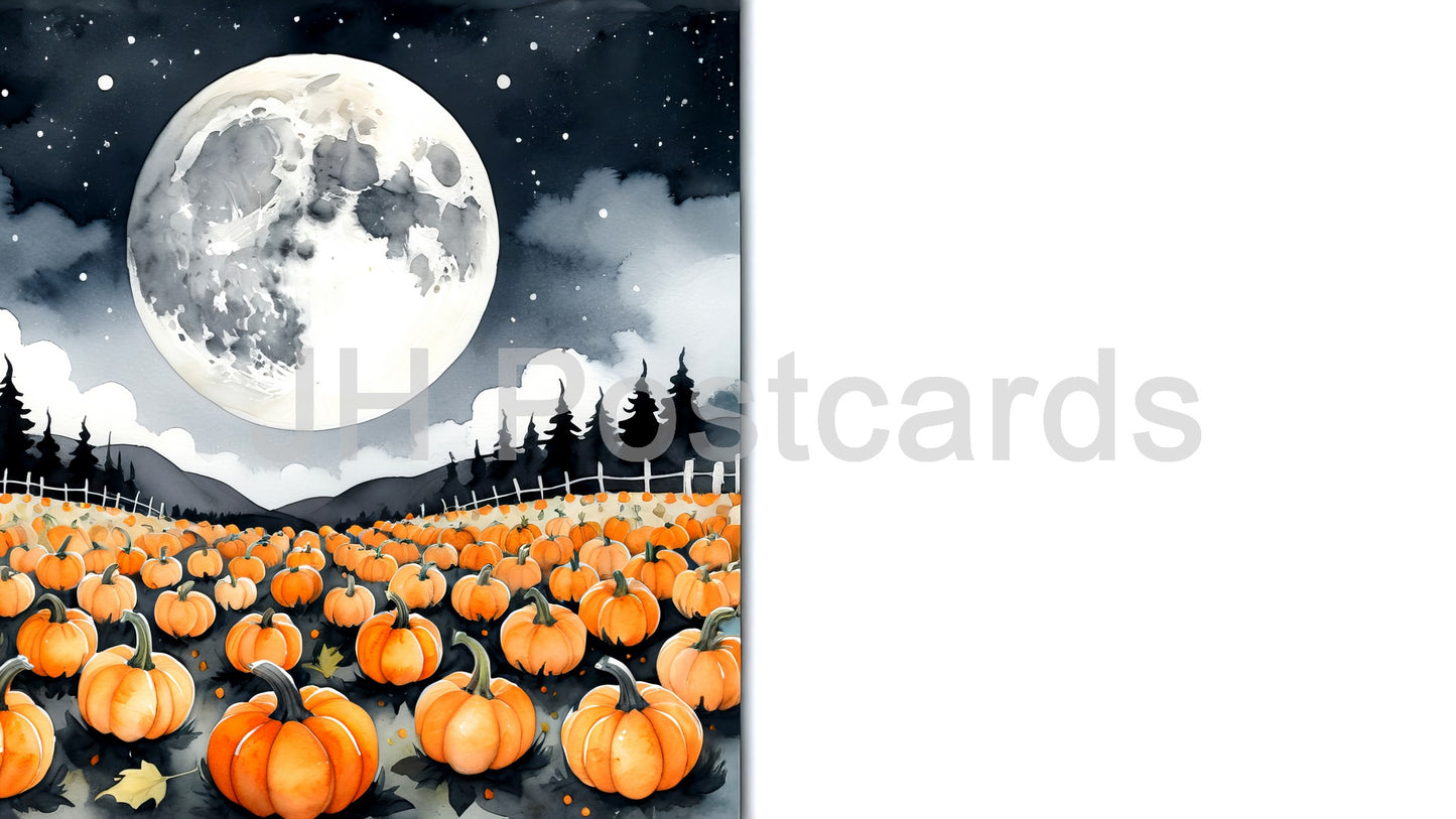 AI Image - Moonlit Pumpkin Patch: A magical watercolor painting of a pumpkin patch bathed in the light of a full moon, surrounded by a starry sky. Halloween. Drawing. Art. Illustration. Copy Space. 1