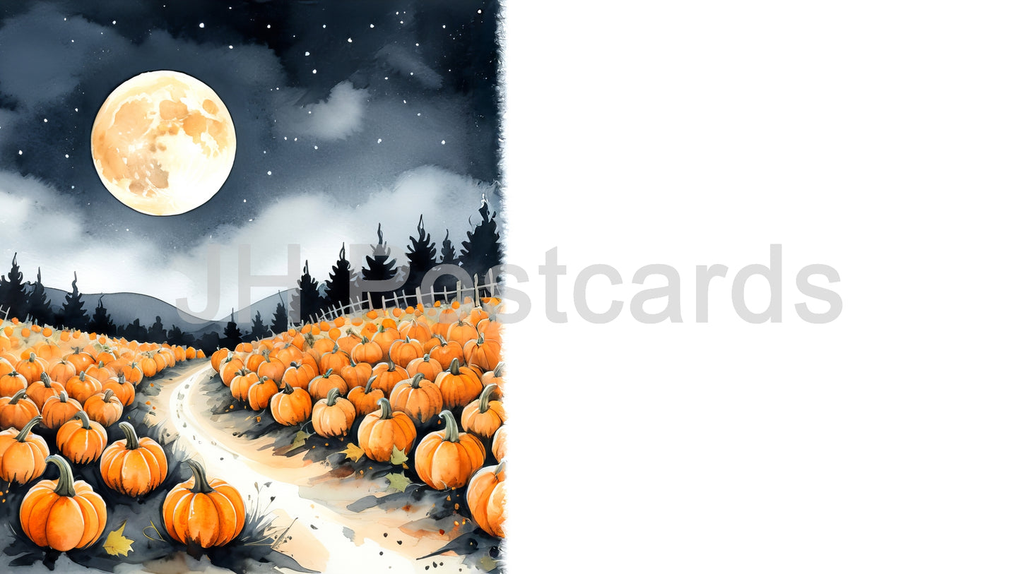 AI Image - Moonlit Pumpkin Patch: A magical watercolor painting of a pumpkin patch bathed in the light of a full moon, surrounded by a starry sky. Halloween. Drawing. Art. Illustration. Copy Space. 2