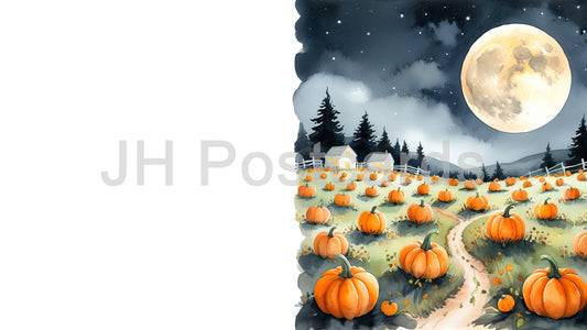 AI Image - Moonlit Pumpkin Patch: A magical watercolor painting of a pumpkin patch bathed in the light of a full moon, surrounded by a starry sky. Halloween. Drawing. Art. Illustration. Copy Space. 3