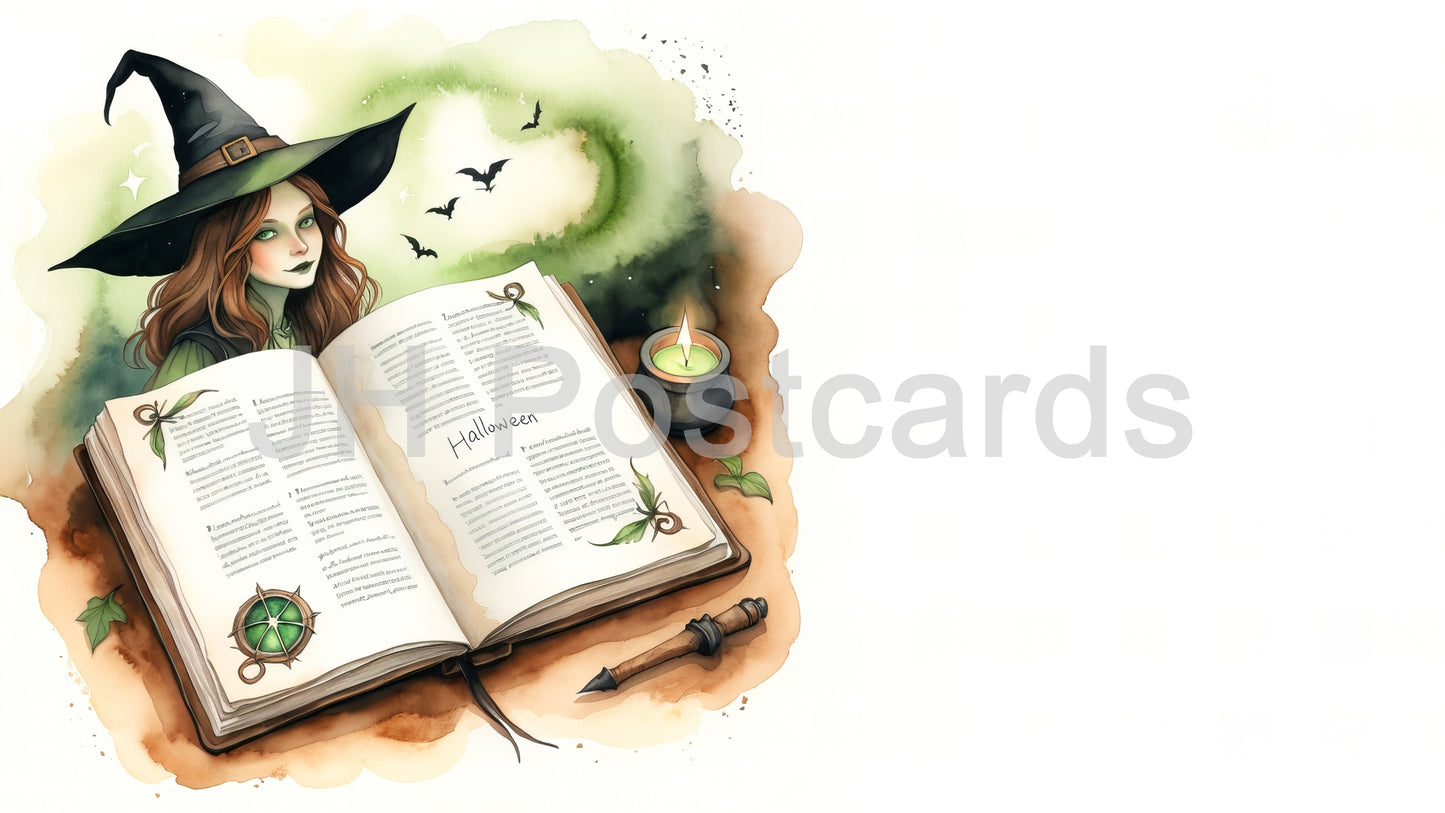 AI Image - Spellbook Secrets: A mysterious watercolor illustration of an ancient spellbook, filled with cryptic symbols and hidden knowledge. Halloween. Drawing. Art. Illustration. Copy Space. 1