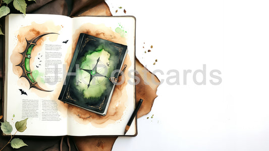 AI Image - Spellbook Secrets: A mysterious watercolor illustration of an ancient spellbook, filled with cryptic symbols and hidden knowledge. Halloween. Drawing. Art. Illustration. Copy Space. 3