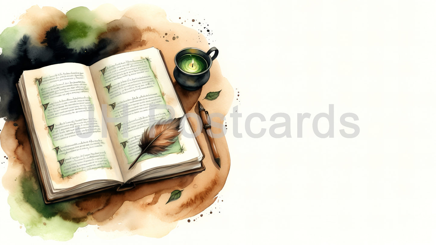 AI Image - Spellbook Secrets: A mysterious watercolor illustration of an ancient spellbook, filled with cryptic symbols and hidden knowledge. Halloween. Drawing. Art. Illustration. Copy Space. 2