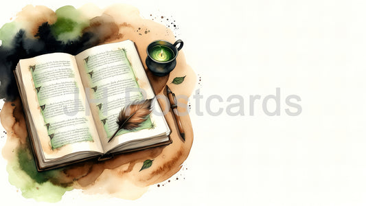 AI Image - Spellbook Secrets: A mysterious watercolor illustration of an ancient spellbook, filled with cryptic symbols and hidden knowledge. Halloween. Drawing. Art. Illustration. Copy Space. 2