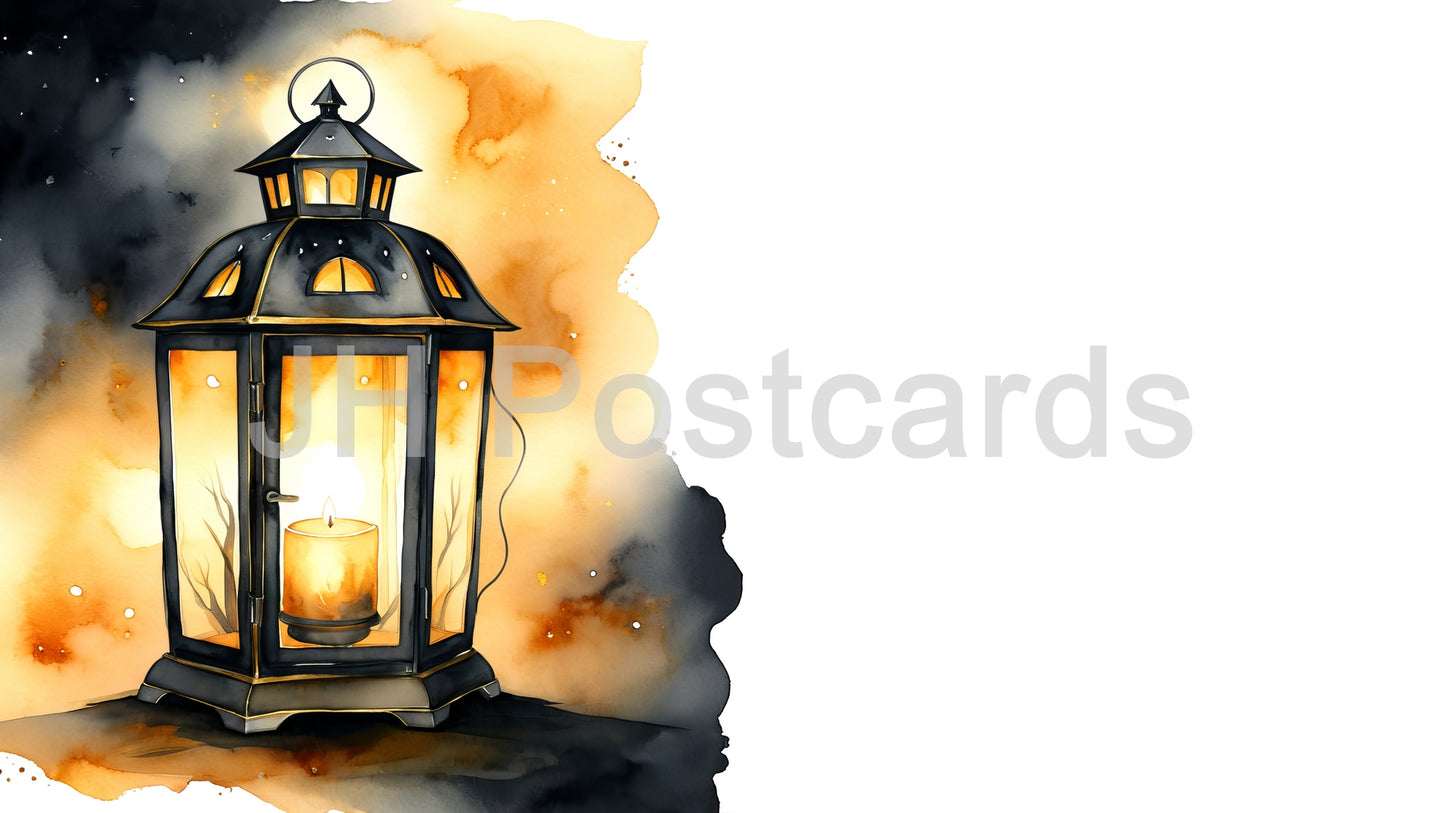 AI Image - Haunting Candlelight: A watercolor painting of a lantern with a flickering candle, casting a dim light in a dark and mysterious atmosphere. Halloween. Drawing. Art. Illustration. Copy Space. 1