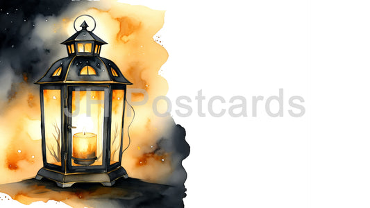 AI Image - Haunting Candlelight: A watercolor painting of a lantern with a flickering candle, casting a dim light in a dark and mysterious atmosphere. Halloween. Drawing. Art. Illustration. Copy Space. 1