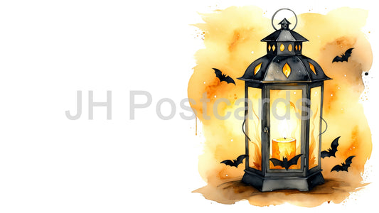 AI Image - Haunting Candlelight: A watercolor painting of a lantern with a flickering candle, casting a dim light in a dark and mysterious atmosphere. Halloween. Drawing. Art. Illustration. Copy Space. 2